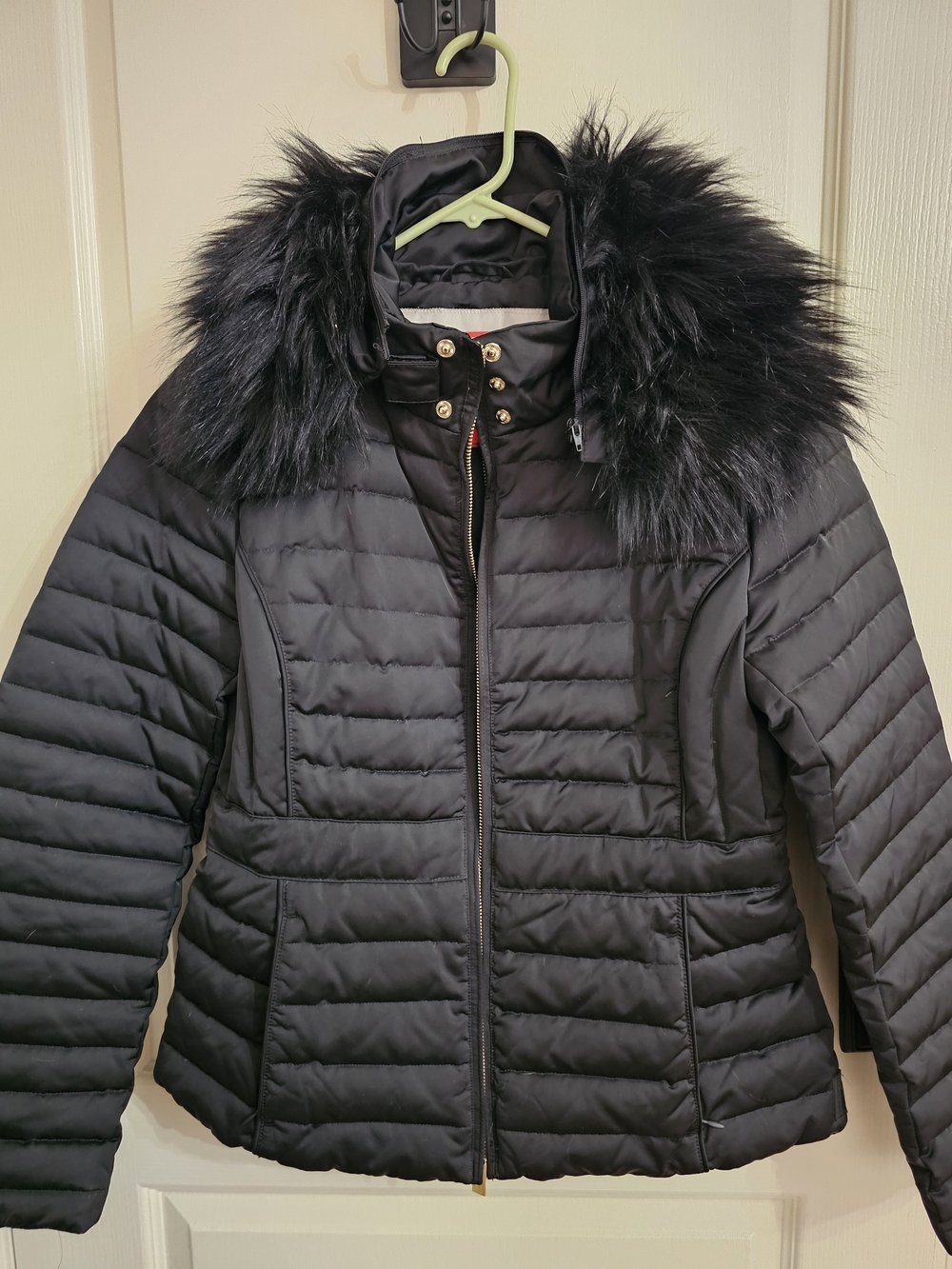 Women’s Black Quilted Puffer Jacket with Faux Fur Hood